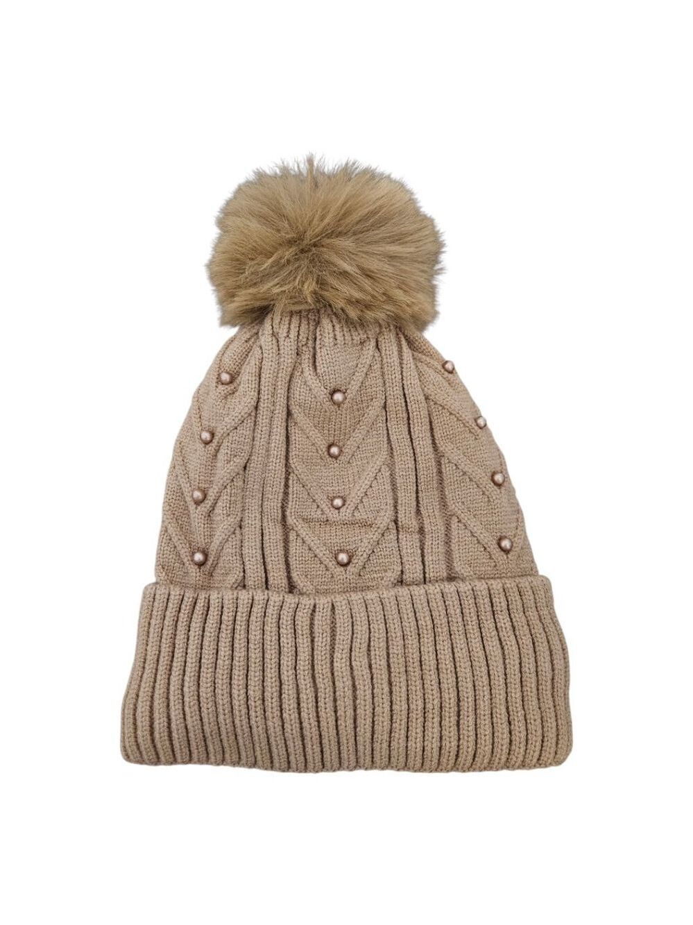 Women's Tan Faux Fur Pompom Pearls Winter Hat
